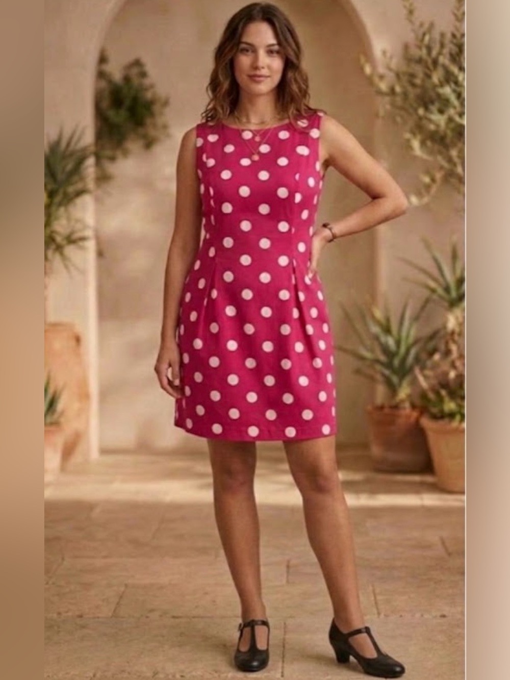 Dress Barn Pleated Pink White Polka Dots Midi Dress Retro 14P
